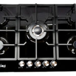 Parrilla A Gas De Cristal Templado, 5 Quemadores, Color Negro, Parrillas De Hierro Fundido, 90x51cm, Encendido Electróni